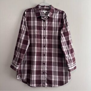 Garnet Hill Burgundy Plaid Essential Organic Pima Cotton Flannel Tunic Womens 10